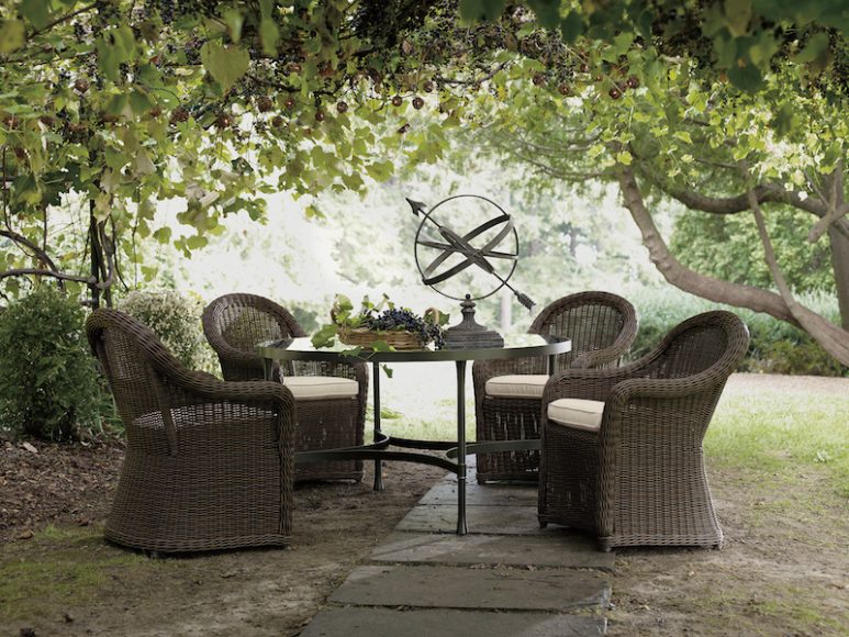 The Willow Bay collection from Ethan Allen offers outdoor dining with substance. An ideal complement to a clean-lined round table from the Biscayne collection. Photograph courtesy Ethan Allen.
