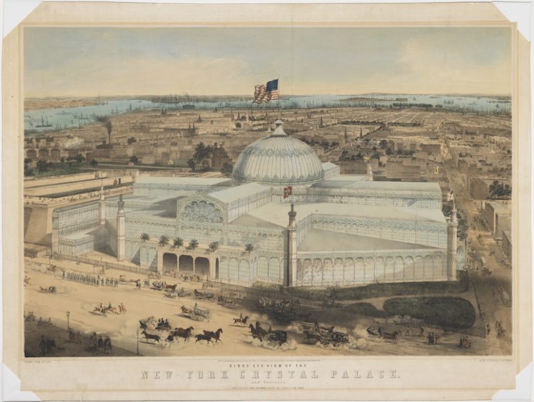 John Bachmann. Bird’s Eye View of the New York Crystal Palace and Environs, 1853. Hand-colored lithograph. Museum of the City of New York. The J. Clarence Davies Collection. Gift of J. Clarence Davies, 1929. Image courtesy Bard Graduate Center Gallery.