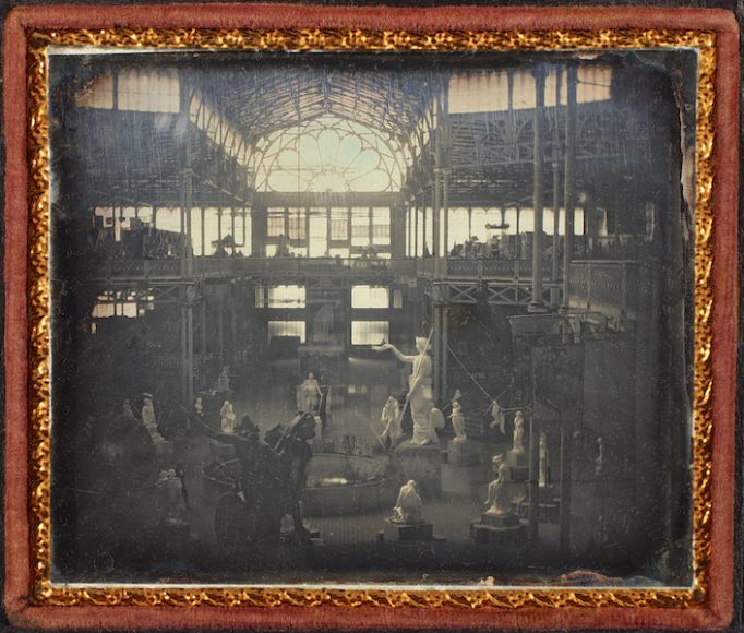 Interior View of South Nave of Crystal Palace in its second year of exhibition, with statues, windows, stairs and other structural elements of building, 1854. Daguerreotype. New- York Historical Society, Cased photograph file, PR 5507. Image courtesy Bard Graduate Center Gallery.