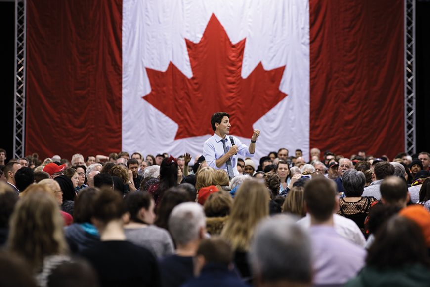 Prime Minister Trudeau answers questions from the audience during a town hall in Dartmouth, Nova Scotia. Jan. 16, 2017. Photograph by Adam Scotti.