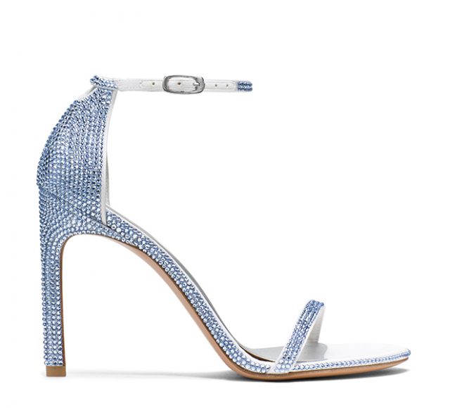 The NearlyNude sandal adorned with light sapphire pavé crystals, $2,200. Photograph courtesy Stuart Weitzman.