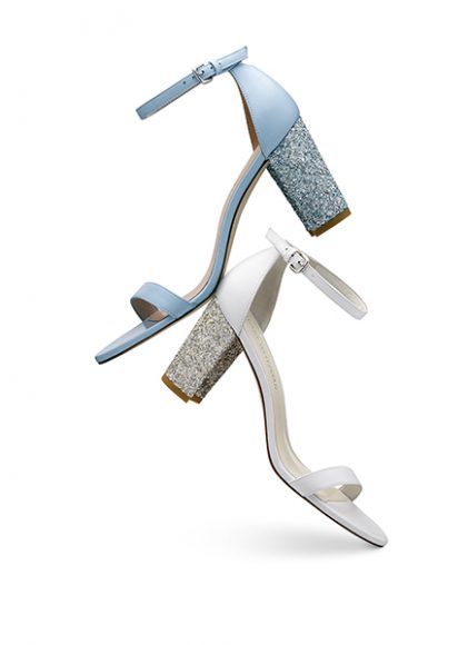 From left: the NearlyNude sandal in nappa leather azure, $398; and the NearlyNude sandal in nappa leather white, $398. Photograph courtesy Stuart Weitzman.