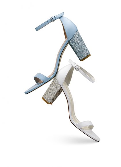 From left: the NearlyNude sandal in nappa leather azure, $398; and the NearlyNude sandal in nappa leather white, $398. Photograph courtesy Stuart Weitzman.