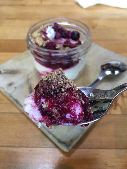 A delicious yogurt parfait of seasonal fruit, pistachio granola and chia cherry jam. Photograph by Aleesia Forni.