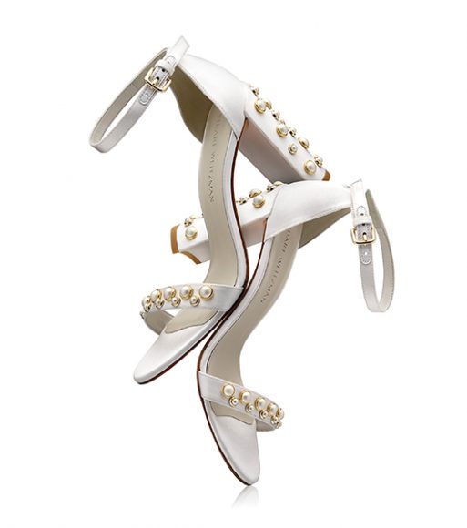 The MorePearl sandal in nappa white leather, $455. Photograph courtesy Stuart Weitzman. 