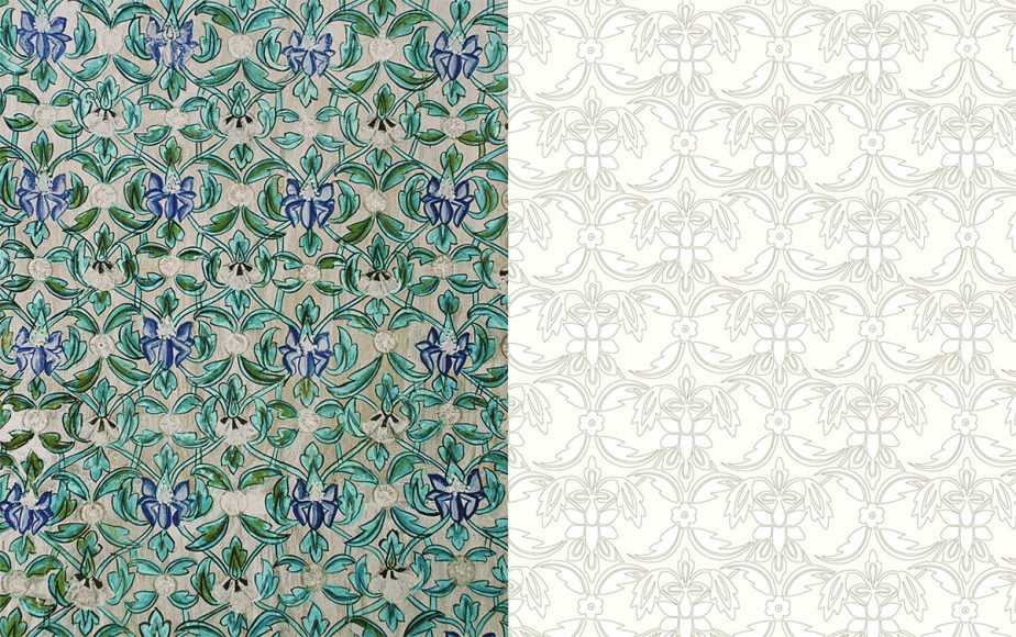 A painted ceiling from Henry Wilson’s “Patterns of India:  A Coloring Book.” This floral motif in white, turquoise and dark blue is set in an open ogee grid, composed of a very thin ribbon, undulating diagonally right and left. Bundi Palace, Rajasthan, mid-18th century. Photograph and line illustration © 2017 Henry Wilson. Courtesy Thames & Hudson.
