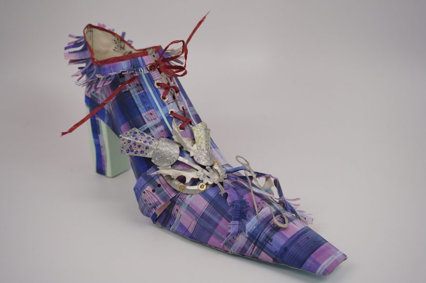 Artist Linda Filley will showcase her latest paper-shoe creations at Paper Trail in Rhinebeck. Here, “McFilley Tartan.” Photograph courtesy Linda Filley.