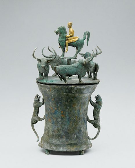 A Cowry Container with Bulls and Mounted Rider from the Western Han dynasty (206 B.C.-A.D. 9), bronze. Photograph courtesy Yunnan Provincial Museum.