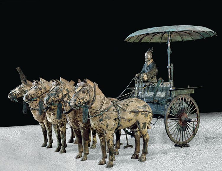 A Chariot Model (Modern Replica after Qin Originals) from the Qin dynasty (221-206 B.C.), bronze with pigments. Photograph courtesy Qin Shihuangdi Mausoleum Site Museum.