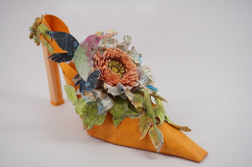 Linda Filley’s fanciful shoes will be in the spotlight at Paper Trail in Rhinebeck. Here, “Mileage.” Photograph courtesy Linda Filley.