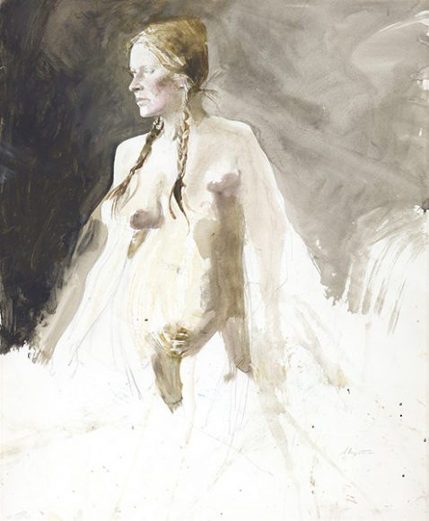 Andrew Wyeth’s “On Her Knees” (1975), watercolor on paper. Courtesy Adelson Galleries and Frank E. Fowler. Copyright Pacific Sun Trading Co.