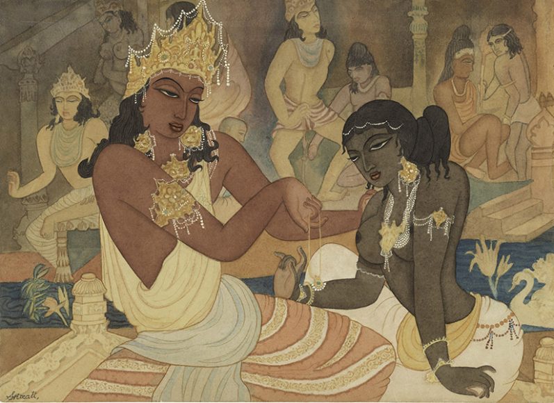 Y.G. Srimati’s “Carudatta Presenting a Pearl Necklace to Vasantesena” (1926-2007), watercolor on paper. Photograph © 2016 Michael Pellettieri.