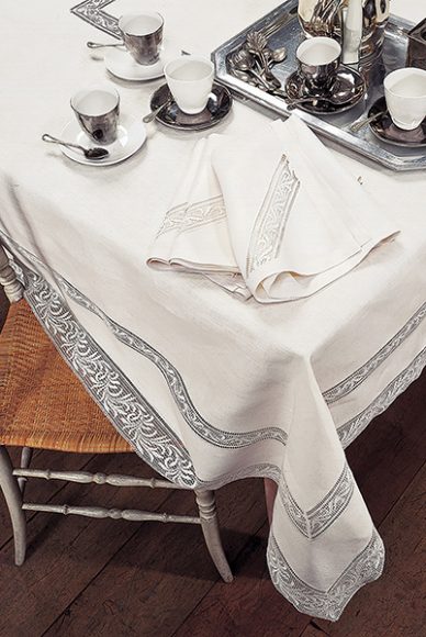 Bespoke table linens, pricing upon request, made to order. Photograph courtesy Frette.