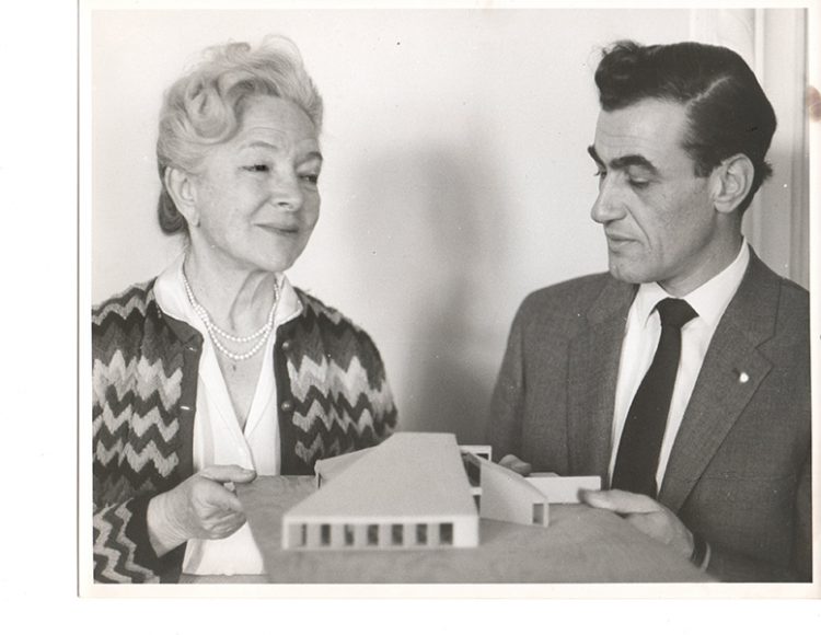 Helen Hayes, an award-winning actress and longtime Rockland resident, left, was one of a group of artists who founded the organization now known as the Rockland Center for the Arts. Here, she is pictured with local architect Charles Winter, who designed RoCA’s West Nyack headquarters. Photograph courtesy Rockland Center for the Arts.