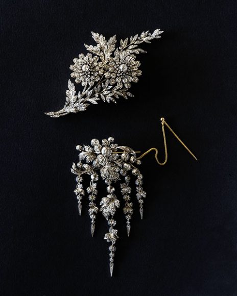 From top, Brooch, Maison Soufflot fils, Paris. Paris, Exposition Universelle, 1878. Gold, steel, brilliant-cut diamonds. Bezel H. 7.1 cm; W. 11 cm. Bequest of Ms Yvonne Duval, 1954. Inv. 37488; and Brooch, France, mid-19th century. Silver, gilded silver, brilliant silver. H. 12 cm; W. 6 cm. Bequest of Hélène Palyart-Mancel, 1909. Inv. 15412. © Les Arts Décoratifs, Paris. Photographs by Jean-Marie del Moral. 