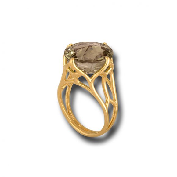 An intricate setting further distinguishes Jemily Fine Jewelry’s Statement Ring, shown here in Smoky Topaz. Photograph courtesy Jemily.