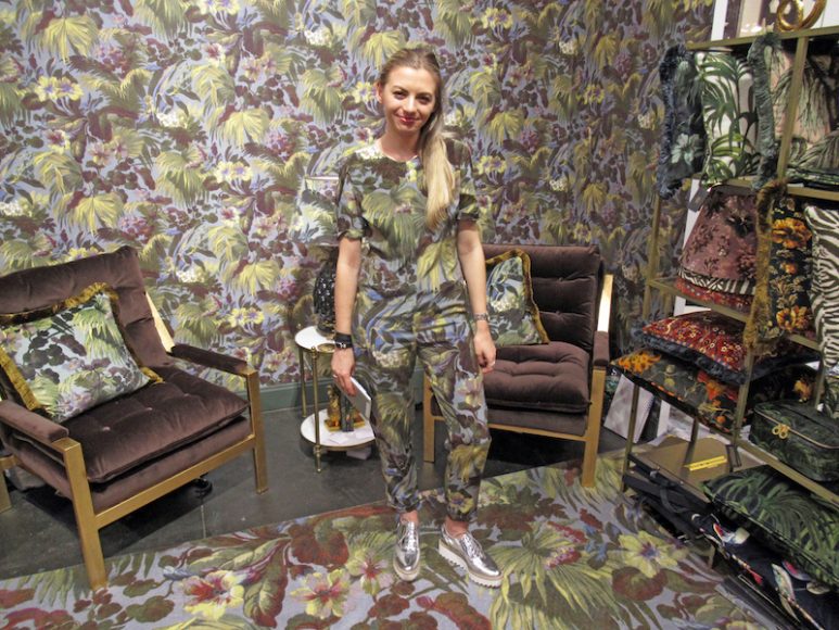 In a case of utter coordination spotted at ICFF, Yasmin Ward wore a custom outfit fashioned out of fabric created by House of Hackney, the luxury British interiors, fashion and lifestyle brand. Photograph by Mary Shustack.