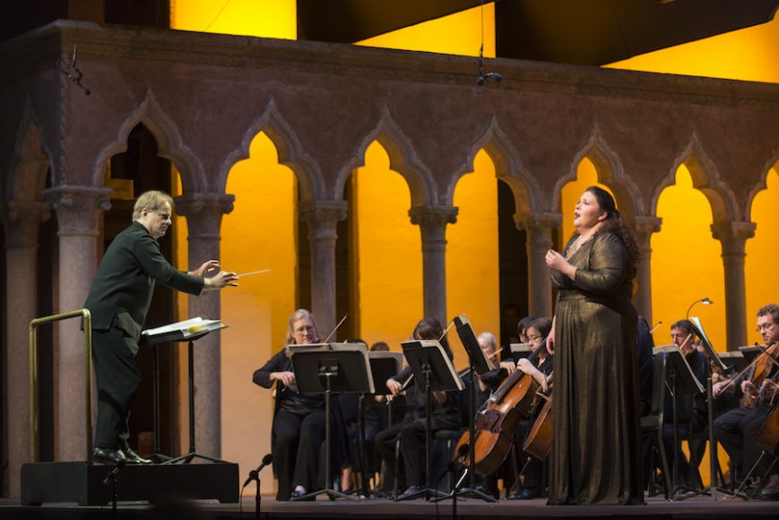 Powerhouse soprano Angela Meade – seen here with Will Crutchfield and the Orchestra of St. Luke’s, is poised once again to take Caramoor by storm. Photograph by Gabe Palecio.(photo by Gabe Palacio)
