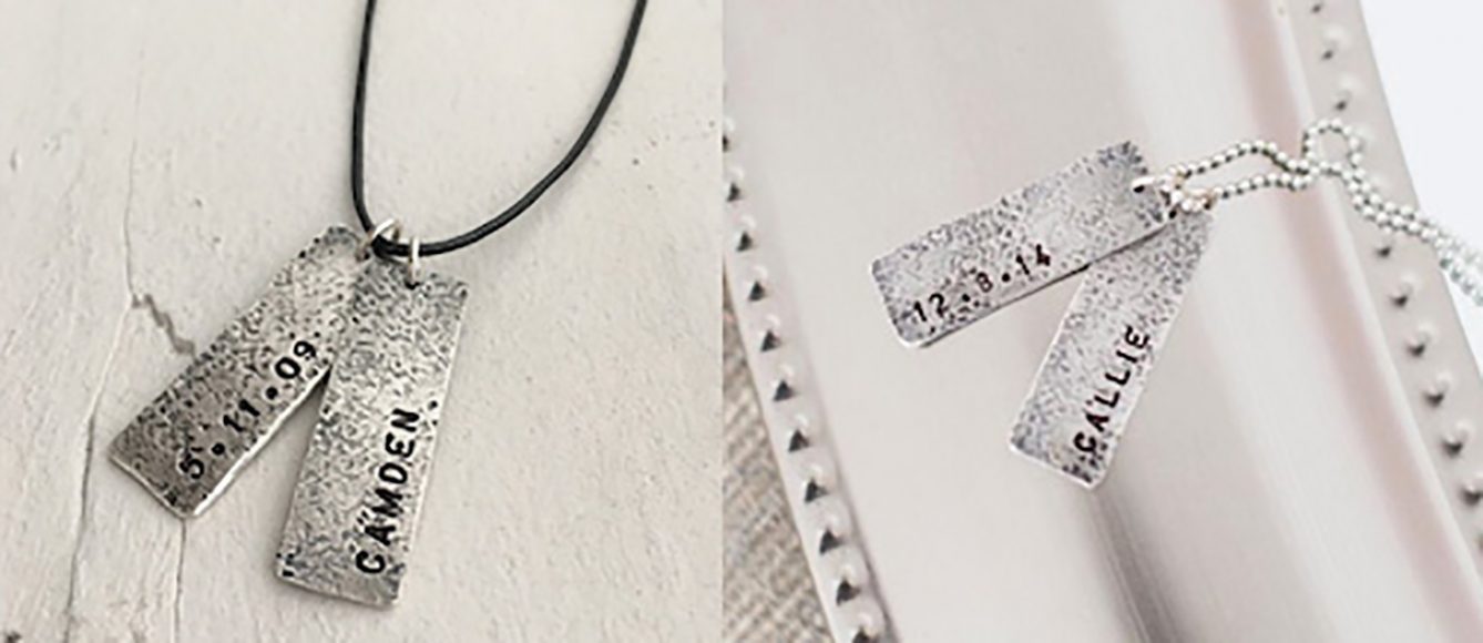The personalized tall tags pictured with a leather cord, left, and a classic ball chain, right. Photograph courtesy Isabelle Grace Jewelry.