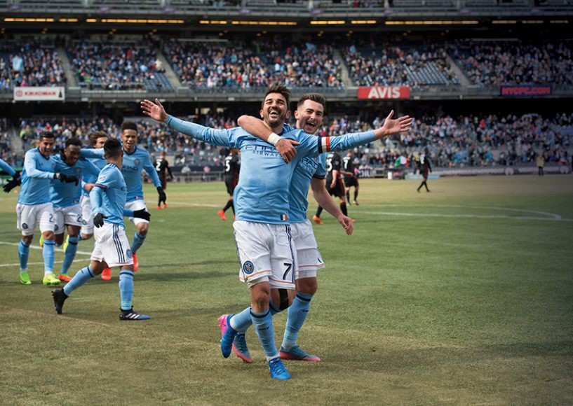 David Villa scoring at Yankee Stadium. Photograph courtesy nycfc.com. 