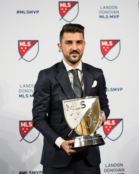 David Villa displaying his MVP trophy. Photograph courtesy nycfc.com. 