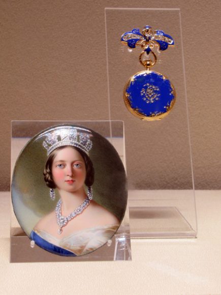 Queen Victoria’s pendant watch, Patek Philippe & Cie, Genève, is featured in “The Art of Watches.”  Tradition has it that this watch was presented to Queen Victoria at the 1851 Universal Exhibition in London. Here, it’s displayed with an oval-shaped miniature portrait of Queen Victoria, painted by John Haslem, London, 1849. Photograph by Mary Shustack.