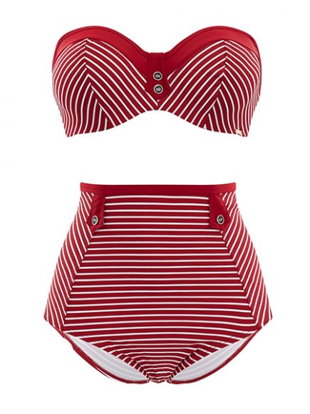 Britt stripe bandeau bikini top, $69, and Britte stipe high-waist bikini bottom, $46, both in red and white. Photograph courtesy Panache. 