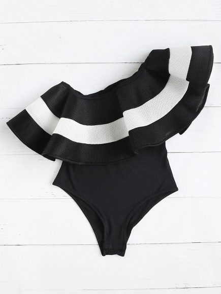 Two-tone, one shoulder, flounce bodysuit in black, $20. Photograph courtesy Shein.