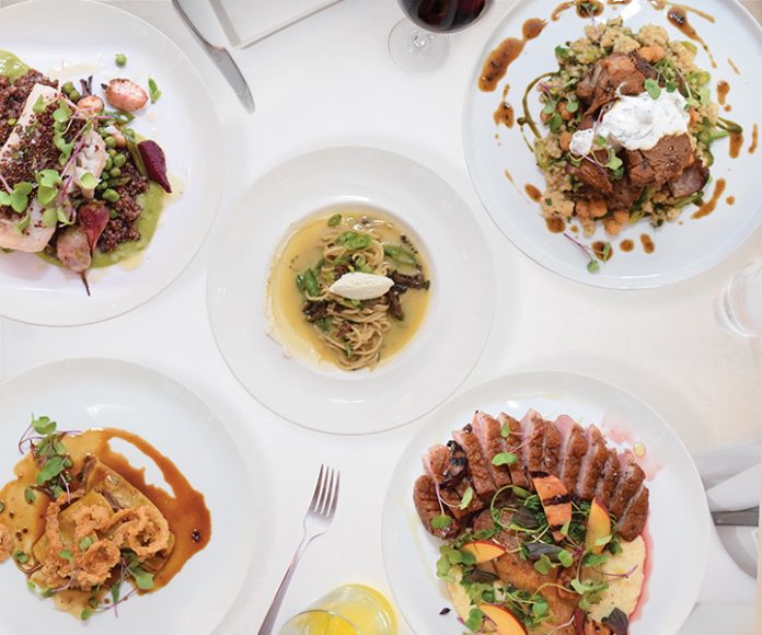 Dishes from Restaurant North include (clockwise from top right) roasted leg of lamb, duck two ways, spare rib caramelle, Palmer Island pollock and spaghetti alla chittara. Photograph by Aleesia Forni.