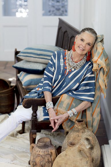 Ali MacGraw wears fashions and accessories from the ali4ibu collection. Photograph by Rob Brinson. Courtesy ibu movement.
