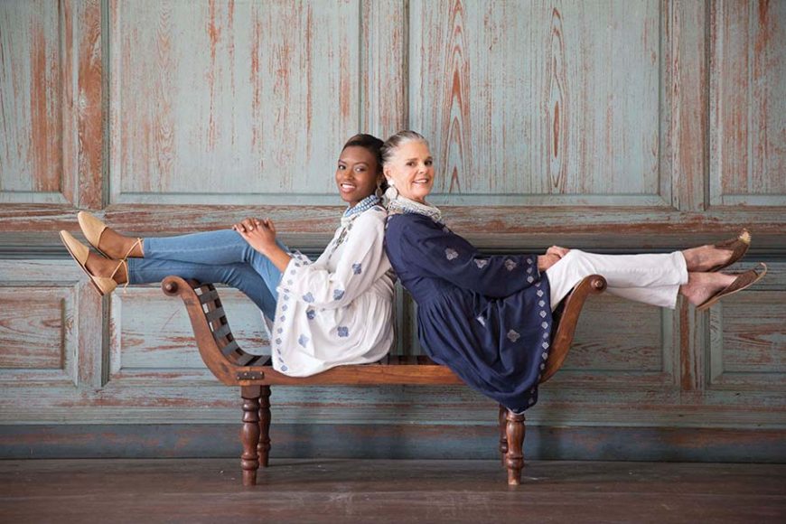 Ali MacGraw, right, and model KC Murray, both wearing fashions and accessories from the ali4ibu collection. Photograph by Rob Brinson. Courtesy ibu movement.