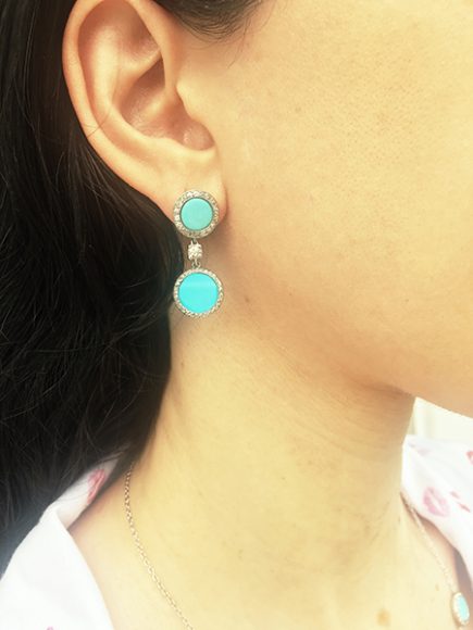 These turquoise, diamond and platinum stations were originally Art Deco men’s tuxedo studs. Now, they are reworked into these earrings, with a matching necklace also available. Photograph courtesy House of 29 Lifestyle Boutique by Sarah.