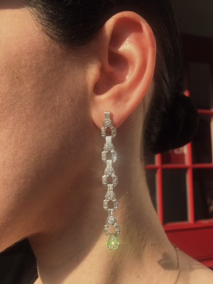 These earrings began life as part of an Art Deco watch but now showcase a pear-shaped diamond on the end of each earring, featuring three carats worth of diamonds set into platinum. Photograph courtesy House of 29 Lifestyle Boutique by Sarah.