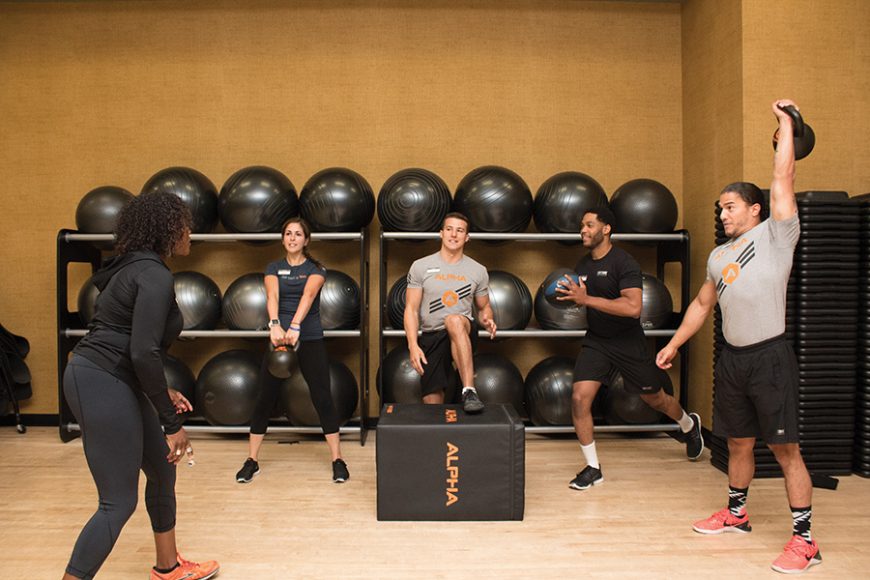 Life Time Athletic Westchester trainers in action (from left) – Myrna Brady, Samantha Sciavillo, Marc Vaccaro, Justin Hood and Jeremy Torres. Photograph by Sebastian Flores. 