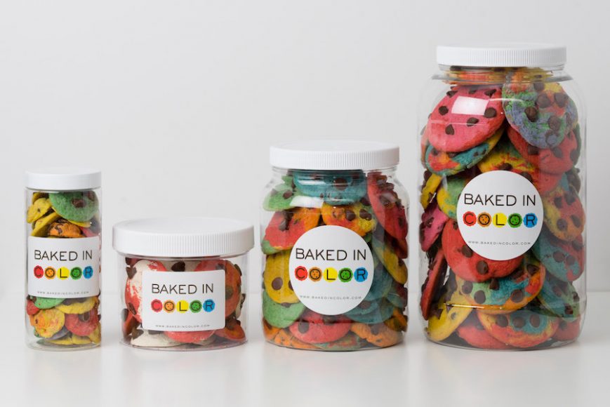 Baked in Color offers cookies in various sizes and quantities. On the left is a tube of 30 bite-sized cookies, followed by small, medium and large jars of palm-sized cookies. Courtesy Baked in Color