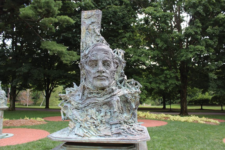 A bronze bust of painter Thomas Cole, founder of the Hudson River School, by sculptor Greg Wyatt at Boscobel House and Gardens. Photograph by Ryan Deffenbaugh. 