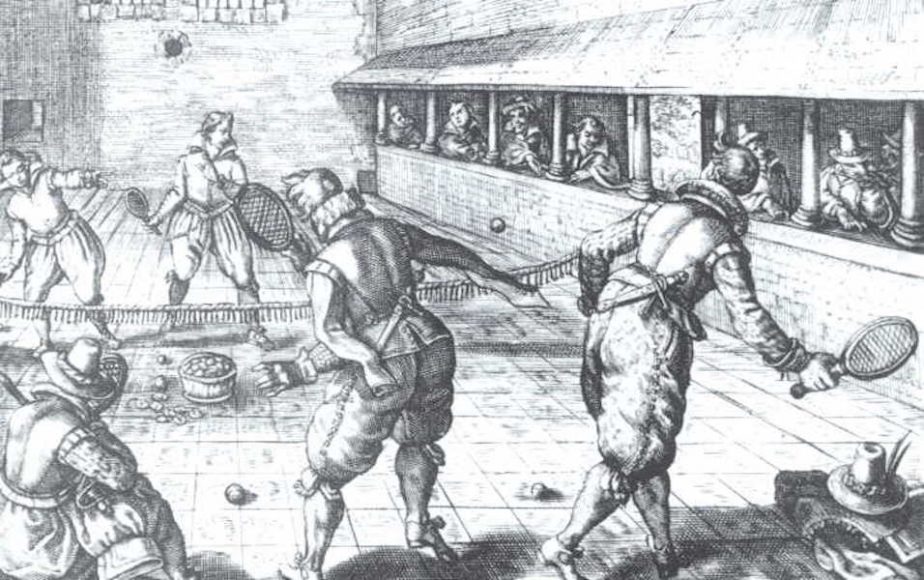 A 17th-century English drawing of a game of jeu de paume, a precursor of tennis.