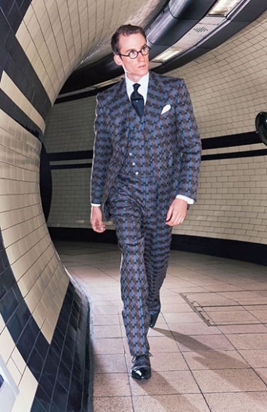 Dashing Tweeds’ “Center Point” Bauhaus-inspired design, tailored by Huntsman and modeled for The Rake by performer Ian Bruce of The Correspondents in 2009. Guy Hills/2009. Image from "Bespoke: The Masters Tailors of Savile Row" (Thames & Hudson.)