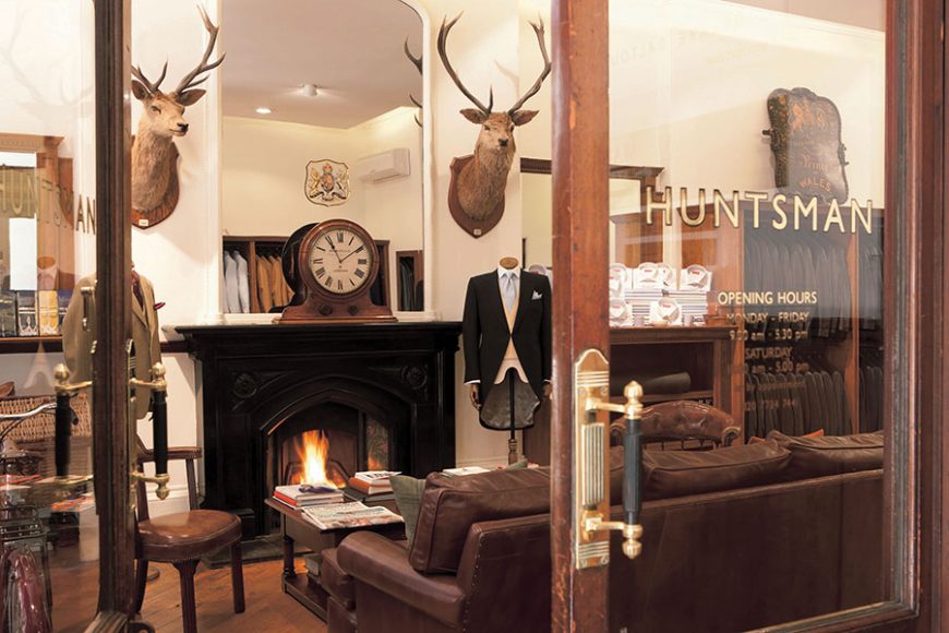 The doorway to Huntsman’s showroom at No. II Savile Row. To the far right is a painted shield celebrating the house’s Royal Warrant as leather breeches maker to the Prince of Wales (later Edward VII) in 1861. Guy Hills. Image from "Bespoke: The Masters Tailors of Savile Row" (Thames & Hudson.)