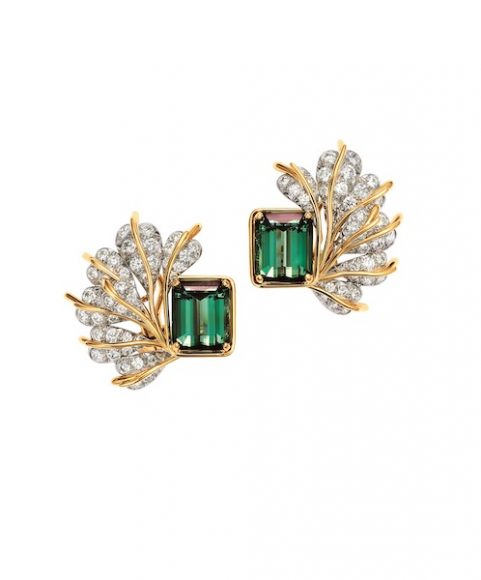 Tiffany & Co. Schlumberger Seven Leaves ear clips in 18-karat gold and platinum with green tourmalines and diamonds. $75,000.