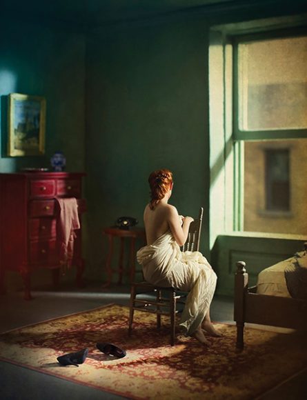 Richard Tuschman’s “Green Bedroom (Morning)” (2013), archival pigment print from the series “Hopper Meditations.” Courtesy Klompching Gallery, New York.