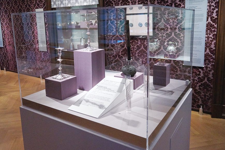 “New York Silver, Then and Now” at the Museum of the City of New York features creative pairings of historic inspirations from the museum’s permanent collection with contemporary works. Here, 1765 silver candlesticks by Samuel Tingley Jr. and “Silver Light” by Aranda\Lasch & Marcelo Coelho. Courtesy Museum of the City of New York.