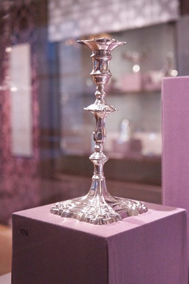 Pair of Candlesticks (detail), Samuel Tingley Jr. ca. 1765. Silver, cast, soldered, and chased. Museum of the City of New York. Courtesy of Museum of the City of New York.