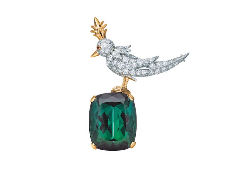 Tiffany & Co. Schlumberger Bird on a Rock clip in platinum and 18-karat gold with an emerald and diamonds. $90,000.