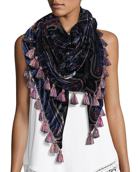 (1) Velvet Triangle Scarf with Tassel Fringeby Etro, $1,015. Courtesy Neiman Marcus.