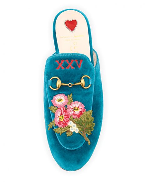(2) Princetown Velvet Floral Mule by Gucci, $780. Courtesy Neiman Marcus.
