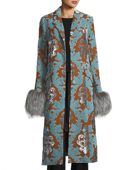 (4) Ember Velvet Damask Long Coat with Fur Cuffs by cinq a sept, $1,295. Courtesy Neiman Marcus.