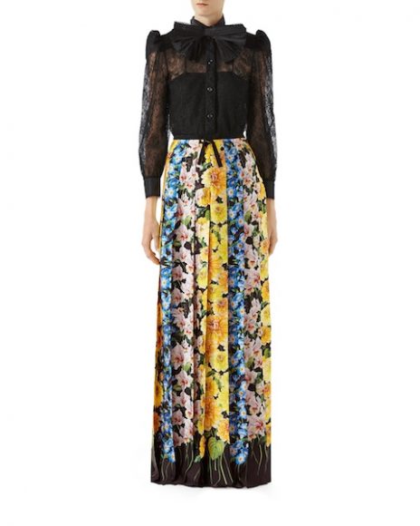 (2) Chantilly Lace Shirt with Bow & Florage Print Satin Pleated Maxi Skirt