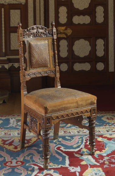 Bhai Ram Singh and John Lockwood Kipling. Chair for the Durbar Hall, Osborne, ca. 1892.
Carved walnut and leather. English Heritage, 79706058. Photographer: Bruce White.
