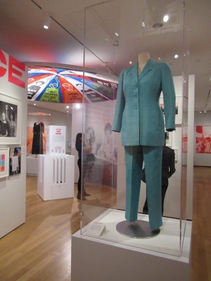 A 2001 Oscar de la Renta suit worn – and loaned – by Hillary Clinton is featured in “Beyond Suffrage: A Century of New York Women in Politics” at the Museum of the City of New York. The Chappaqua resident wore the ensemble when sworn in as New York’s junior senator in January 2001. Photograph by Mary Shustack.